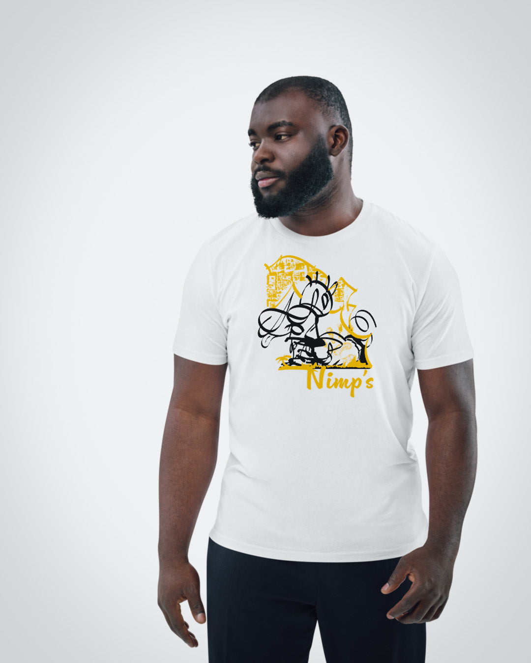 Mannequin homme de face, portant le maillot original blanc Nimp's 2