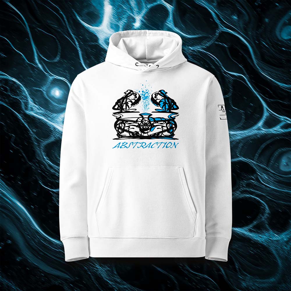 Sweat à capuche unisexe blanc, vu de face et portant le design "Abstraction 1" coloré en noir et cyan