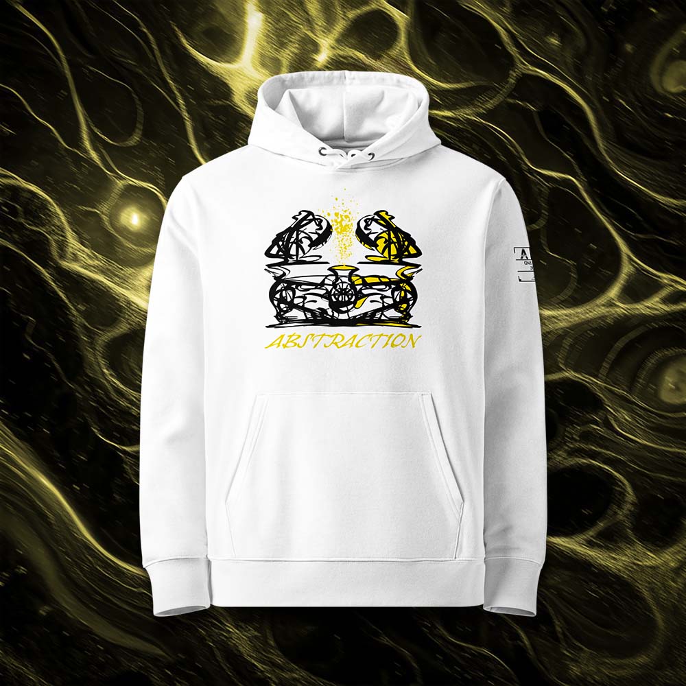 Sweat à capuche unisexe blanc, vu de face et portant le design "Abstraction 1" coloré en noir et jaune soleil