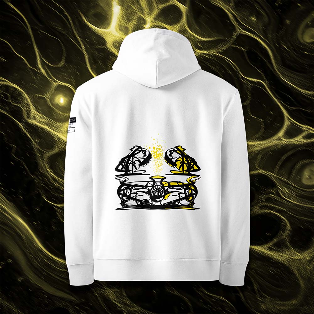 Sweat à capuche unisexe blanc, vu de dos et portant le design "Abstraction 1" coloré en noir et jaune soleil