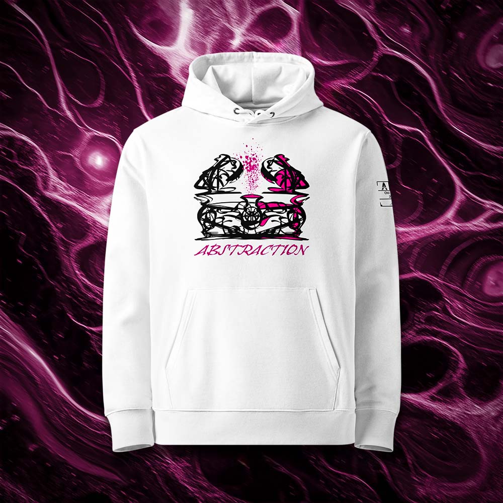 Sweat à capuche unisexe blanc, vu de face et portant le design "Abstraction 1" coloré en noir et magenta