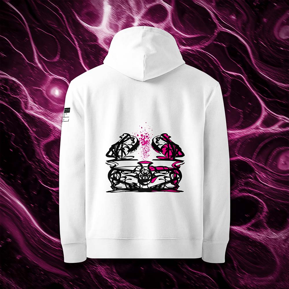 Sweat à capuche unisexe blanc, vu de dos et portant le design "Abstraction 1" coloré en noir et magenta