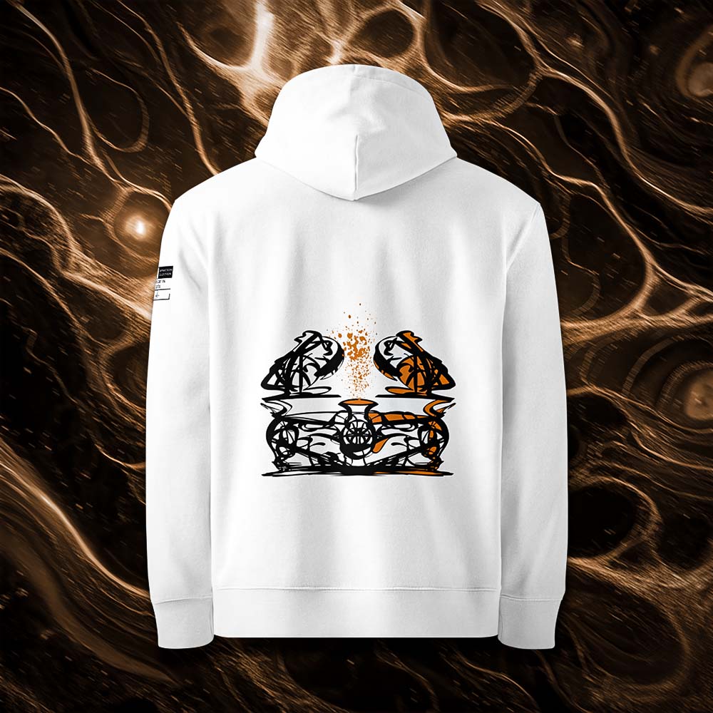 Sweat à capuche unisexe blanc, vu de dos et portant le design "Abstraction 1" coloré en noir et mandarine