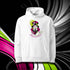 Sweat à capuche unisexe blanc, vu de face et portant le design "Abstraction 2" coloré en noir et magenta