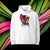 Sweat à capuche unisexe blanc, vu de face et portant le design "Abstraction 3" coloré en noir et magenta