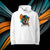 Sweat à capuche unisexe blanc, vu de face et portant le design "Abstraction 3" coloré en noir et mandarine