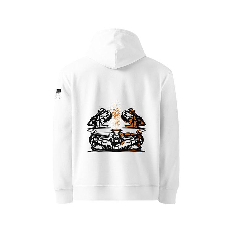 Sweat à capuche unisexe blanc, vu de dos et portant le design "Abstraction 1" coloré en noir et mandarine