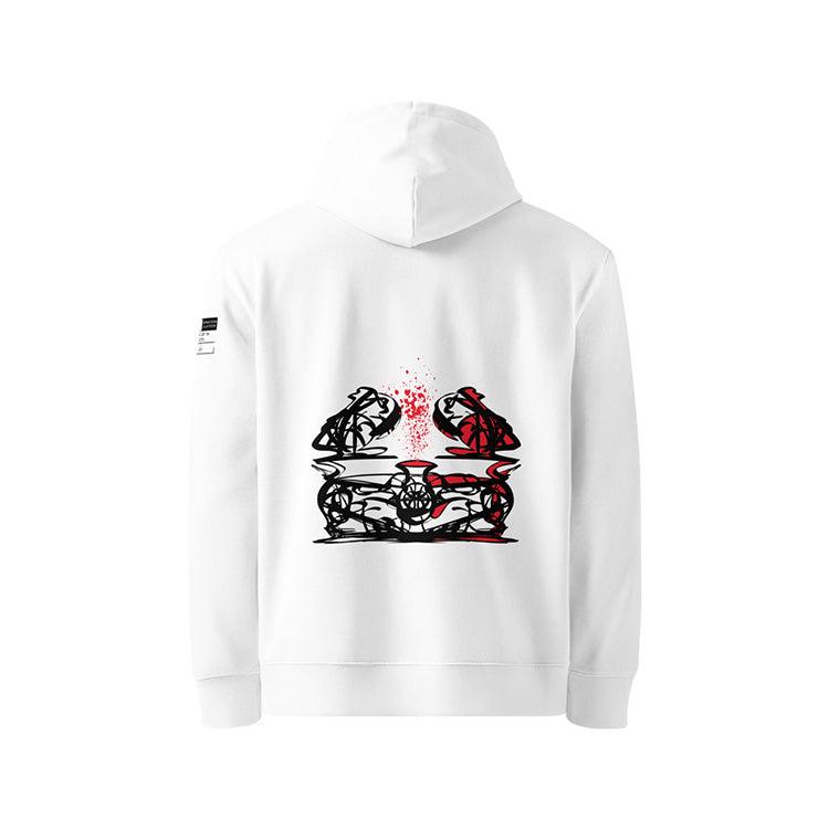 Sweat à capuche unisexe blanc, vu de dos et portant le design "Abstraction 1" coloré en noir et rouge écarlate