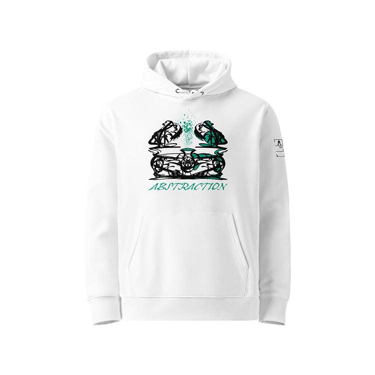 Sweat à capuche unisexe blanc, vu de face et portant le design "Abstraction 1" coloré en noir et vert émeraude