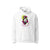 Sweat à capuche unisexe blanc, vu de face et portant le design "Abstraction 2" coloré en noir et magenta