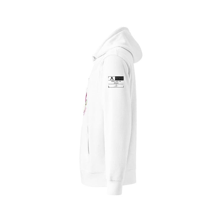  Sweat à capuche unisexe blanc, vu de profil et portant l'étiquette de la collection 