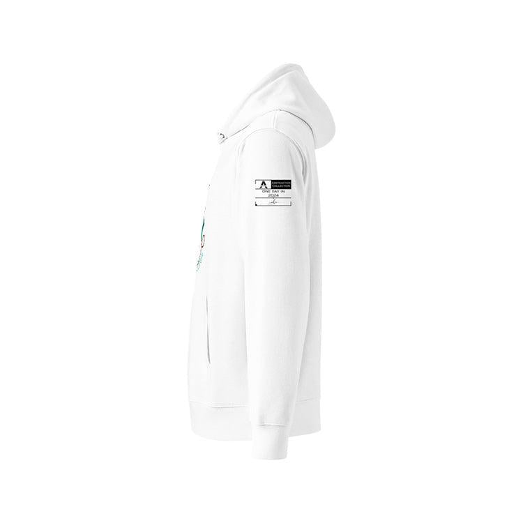 Sweat à capuche unisexe blanc, vu de profil et portant l'étiquette de la collection 