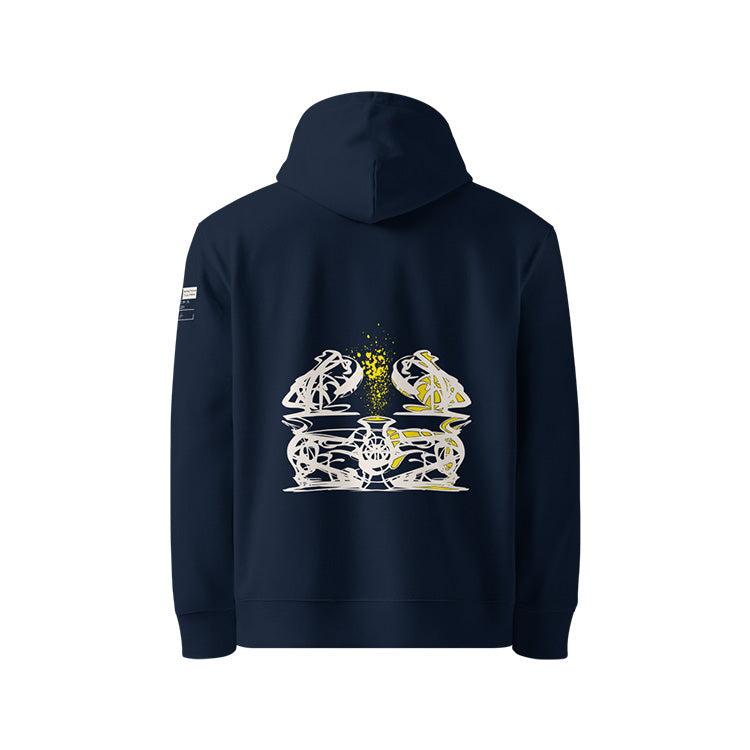 Sweat à capuche unisexe french navy, vu de dos et portant le design 