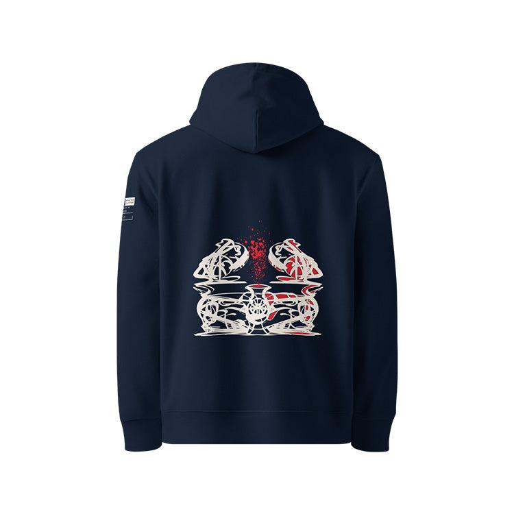 Sweat à capuche unisexe french navy, vu de dos et portant le design 