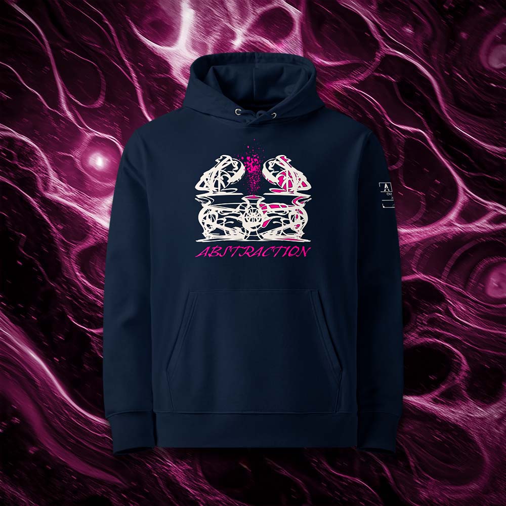 Sweat à capuche unisexe french navy, vu de face et portant le design "Abstraction 1" coloré en blanc craie et magenta