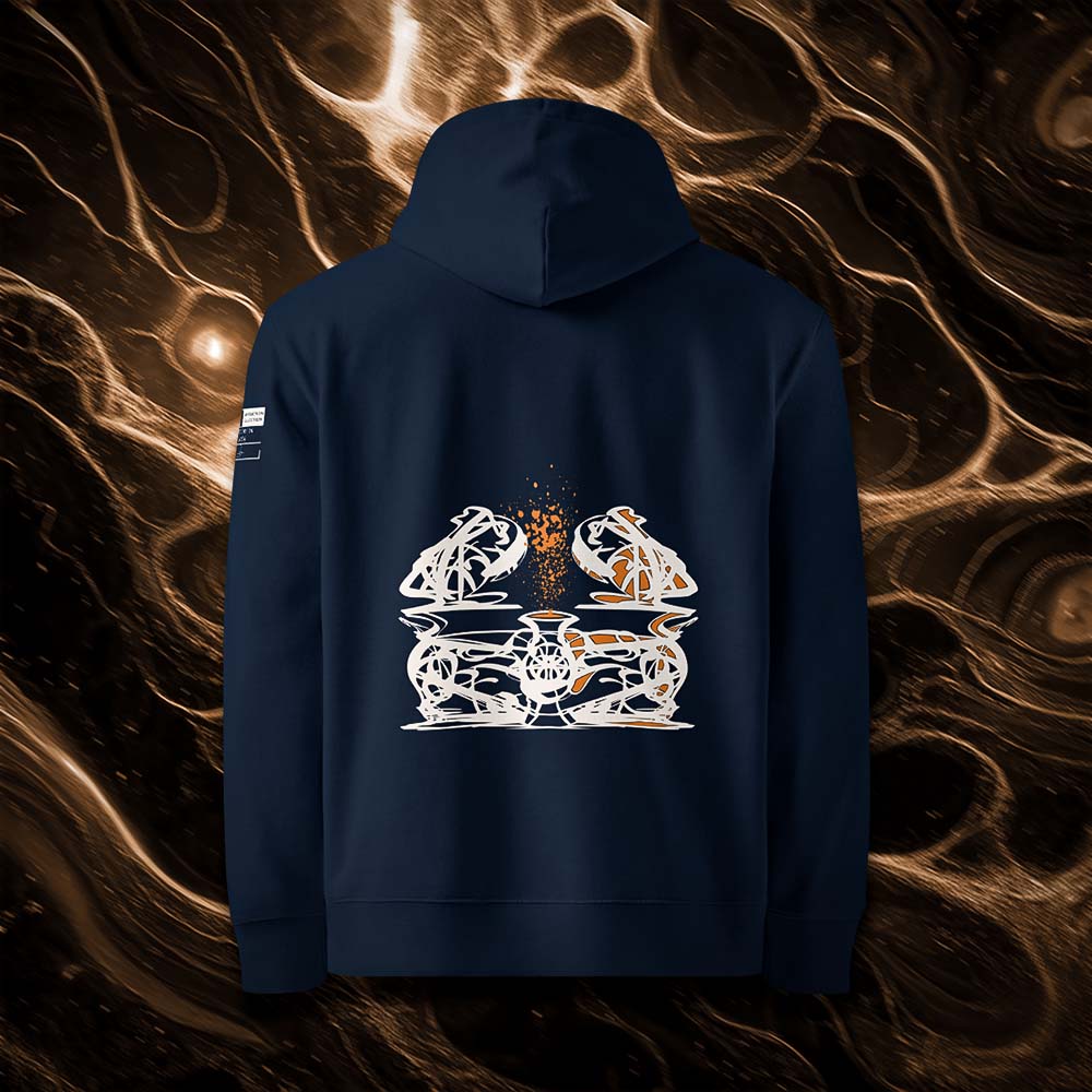 Sweat à capuche unisexe french navy, vu de dos et portant le design 