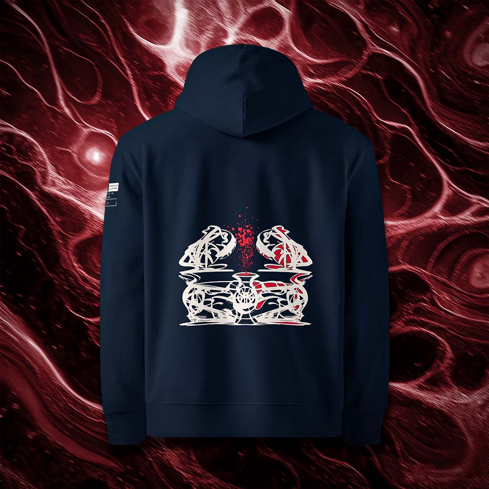 Sweat à capuche unisexe french navy, vu de dos et portant le design "Abstraction 1" coloré en blanc craie et rouge écarlate