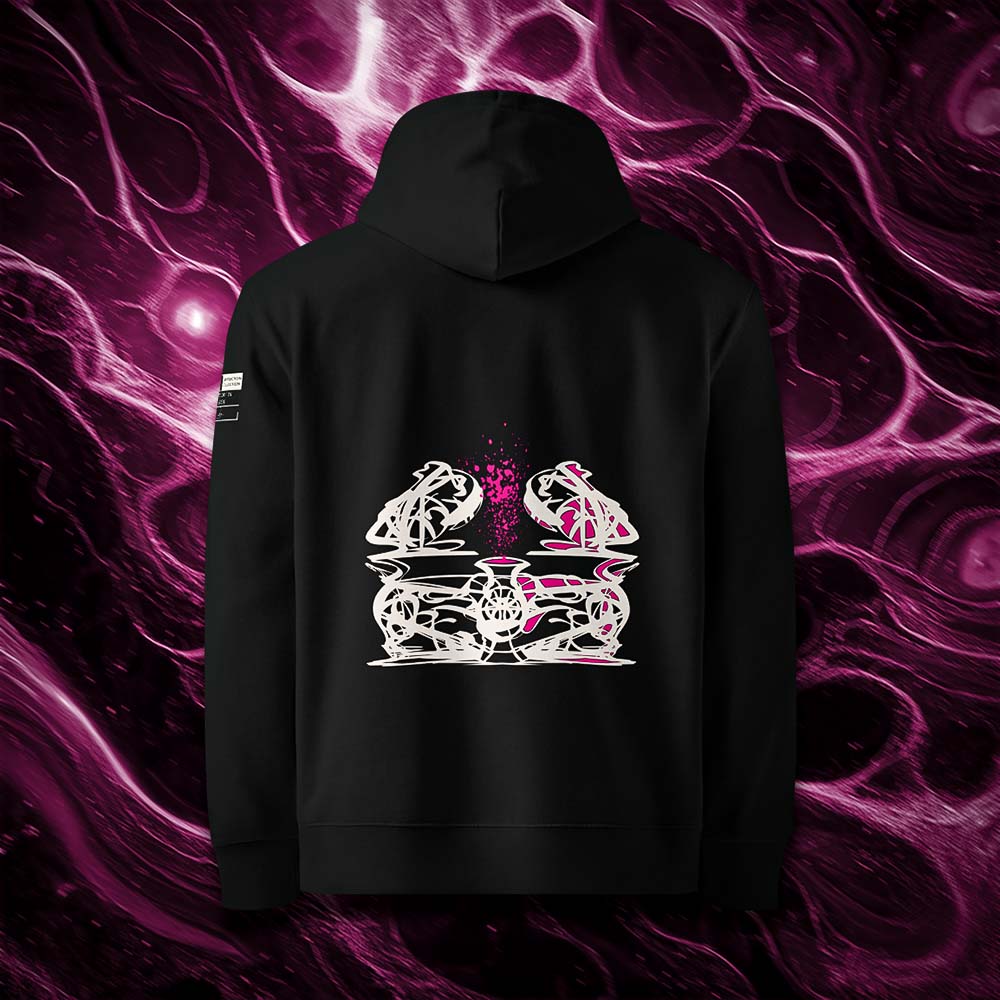 Sweat à capuche unisexe noir, vu de dos et portant le design "Abstraction 1" coloré en blanc craie et magenta