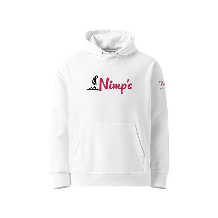 Sweat à capuche en coton bio blanc, vu de face et portant le mot nimp's coloré en noir et betterave