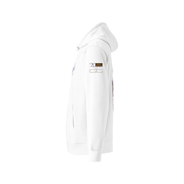 Sweat à capuche en coton bio blanc, vu de profil et portant l'étiquette de la collection 