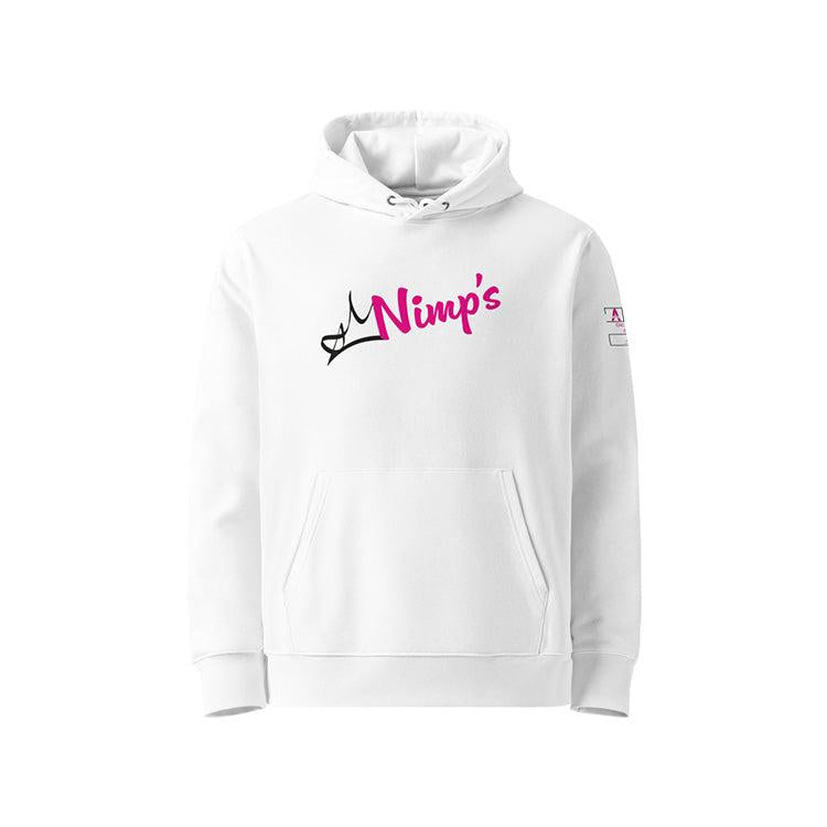 Sweat à capuche en coton bio blanc, vu de face et portant le mot nimp's coloré en magenta