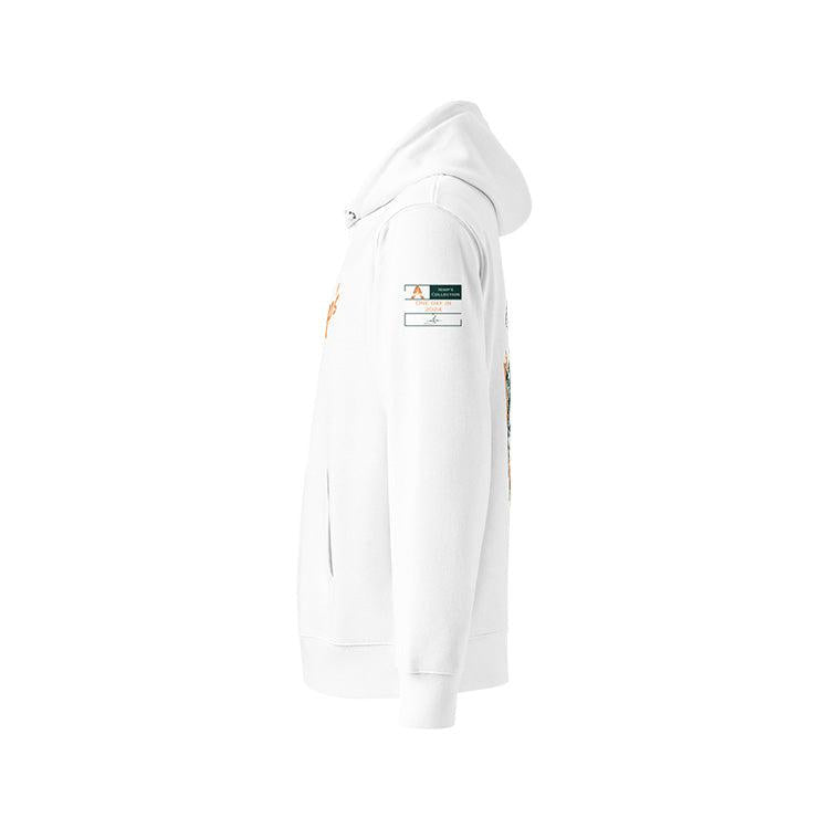 Sweat à capuche en coton bio blanc, vu de profil et portant l'étiquette de la collection "Nimp's" coloré en malachite