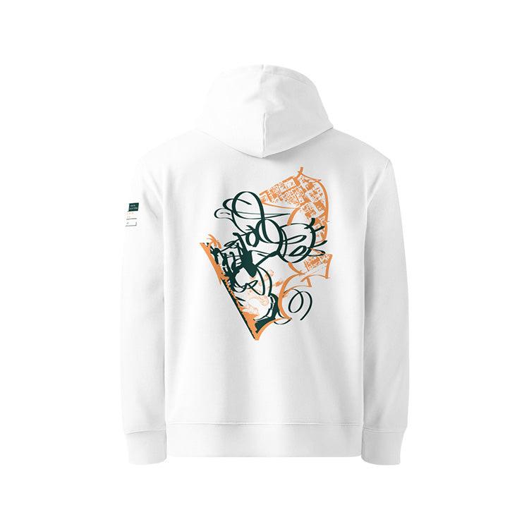 Sweat à capuche en coton bio blanc, vu de dos et portant le design "Nimp's 2" coloré malachite