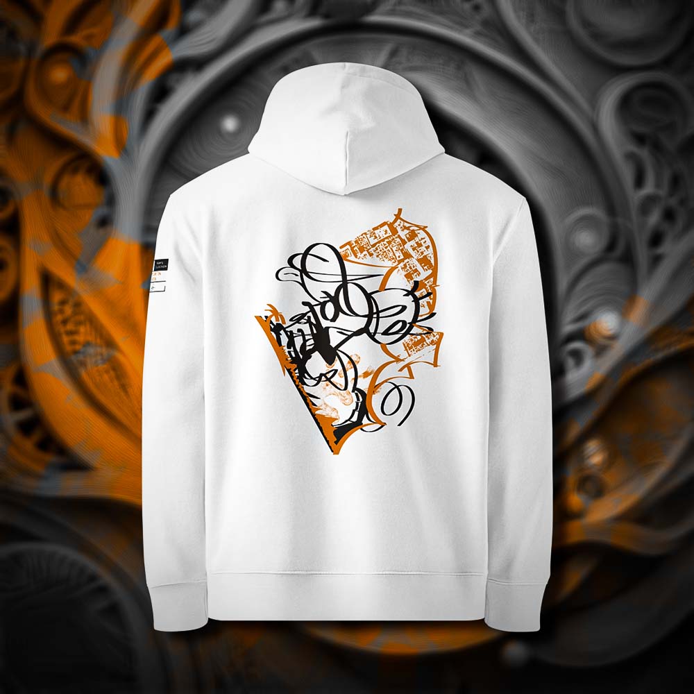 Sweat à capuche en coton bio blanc, vu de dos et portant le design "Nimp's 2" coloré noir et mandarine