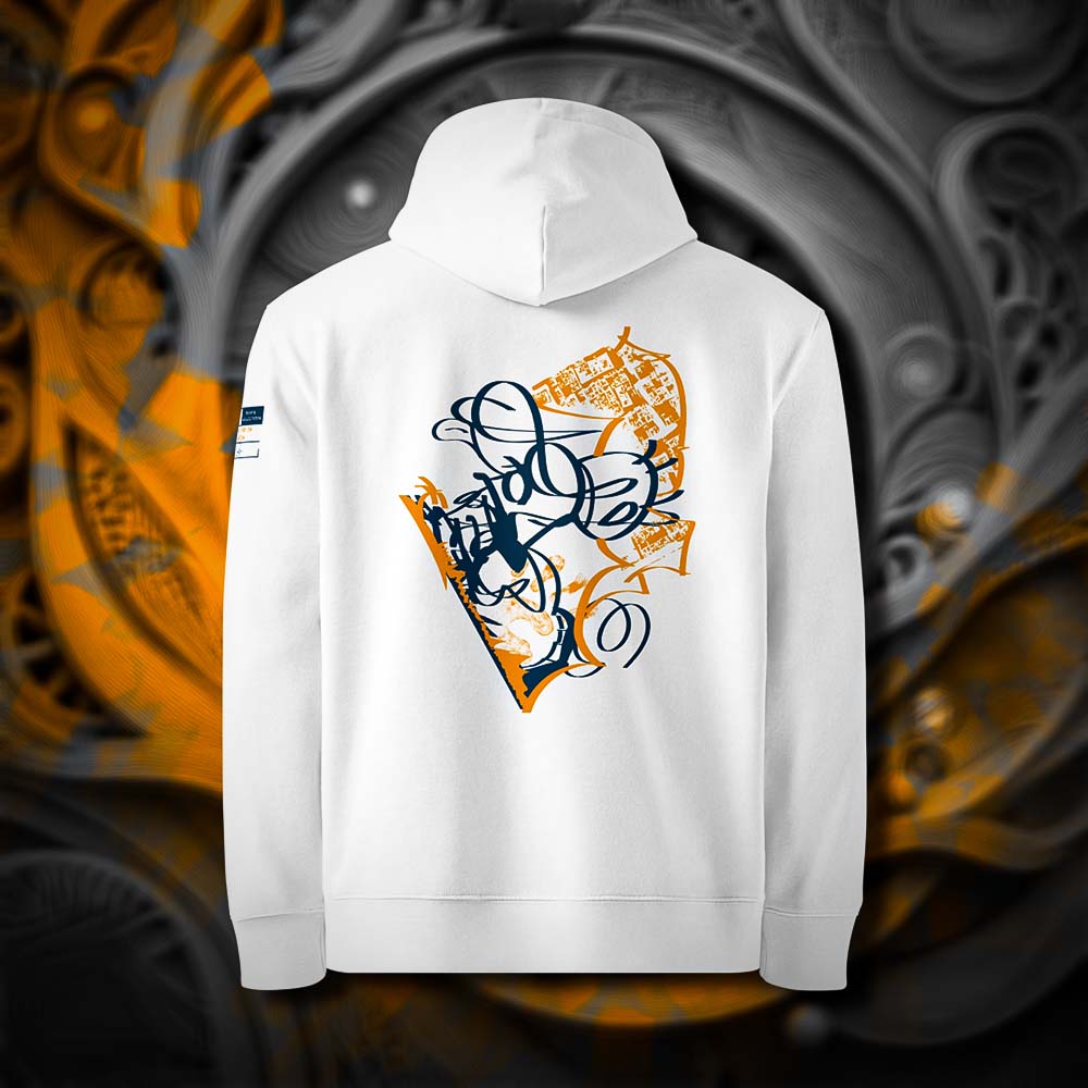 Sweat à capuche en coton bio blanc, vu de dos et portant le design "Nimp's 2" coloré orange et marine