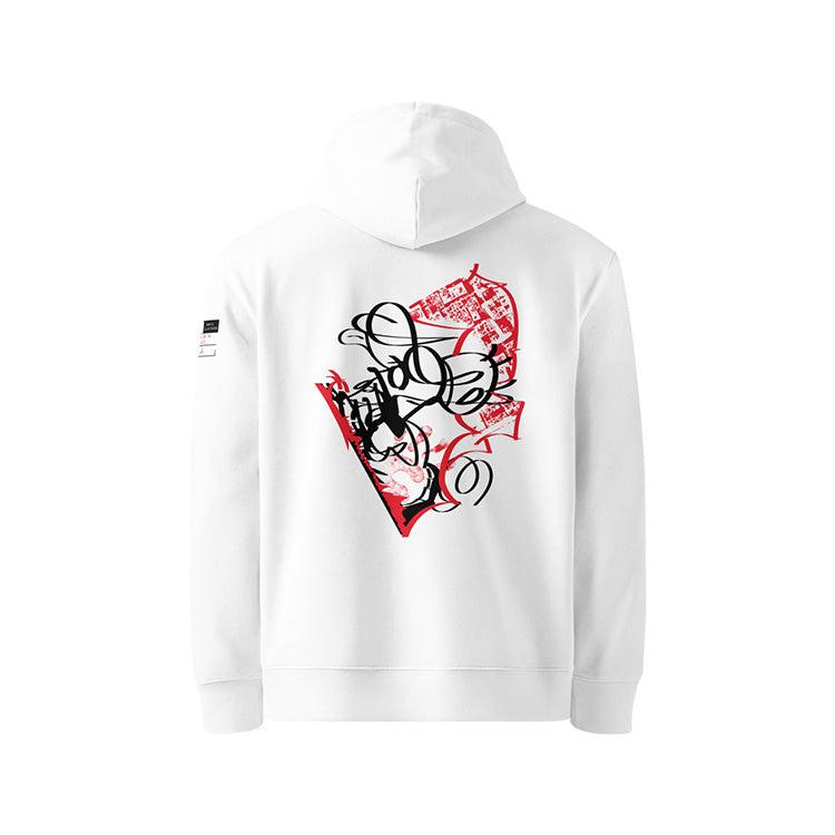 Sweat à capuche en coton bio blanc, vu de dos et portant le design "Nimp's 2" coloré en noir et rouge écarlate