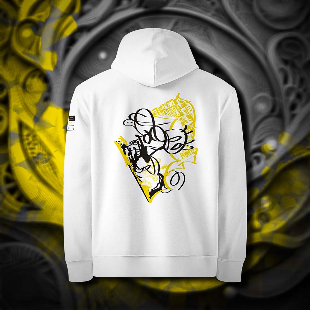 Sweat à capuche en coton bio blanc, vu de dos et portant le design "Nimp's 2" coloré en noir et jaune soleil