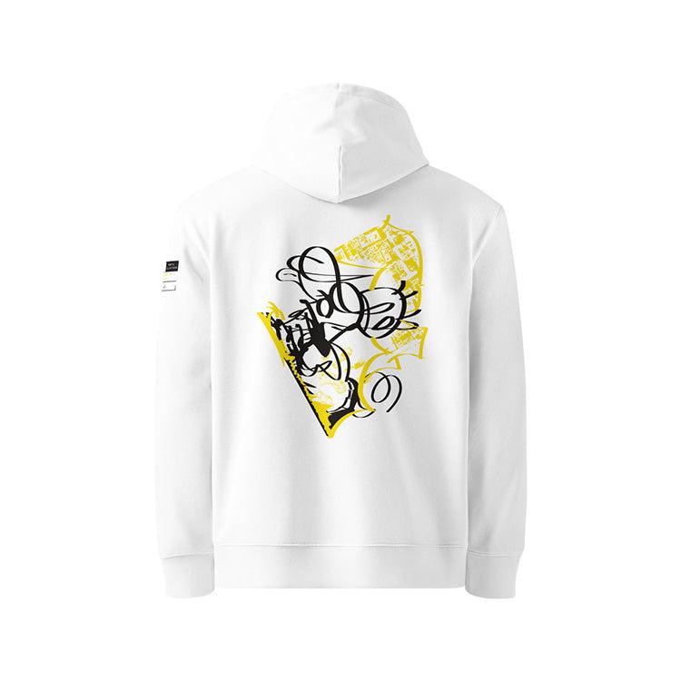 Sweat à capuche en coton bio blanc, vu de dos et portant le design "Nimp's 3" coloré en noir et jaune soleil