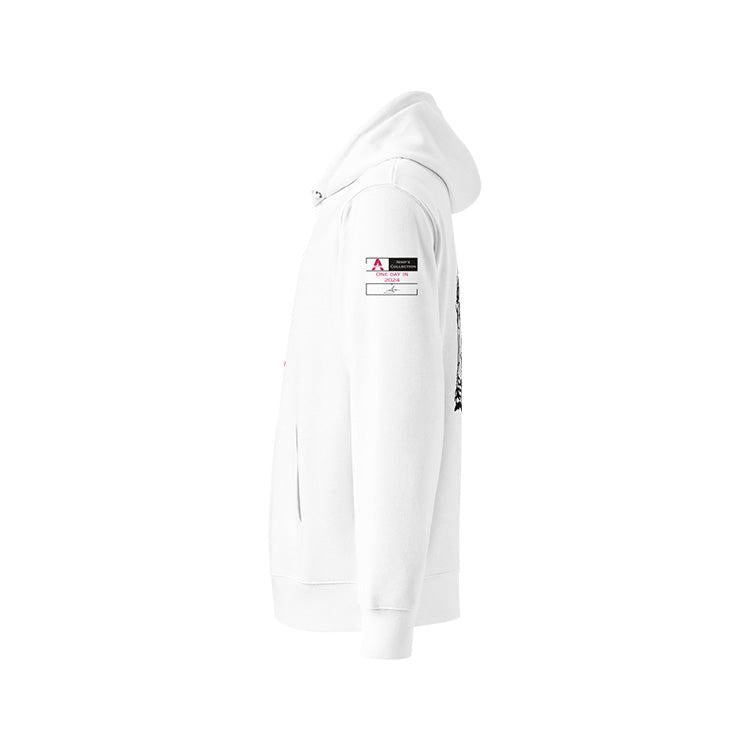 Sweat à capuche en coton bio blanc, vu de profil et portant l'étiquette de la collection 