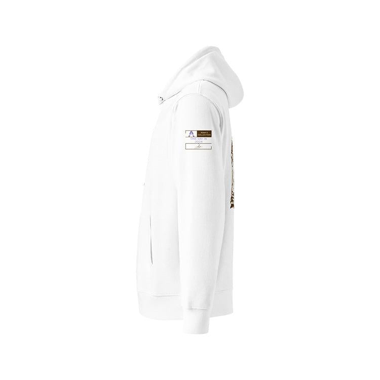 Sweat à capuche en coton bio blanc, vu de profil et portant l'étiquette de la collection 