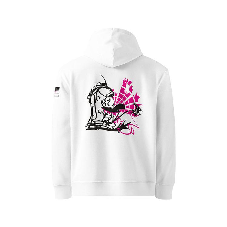 Sweat à capuche en coton bio blanc, vu de dos et portant le design "Nimp's 3" coloré en noir et magenta