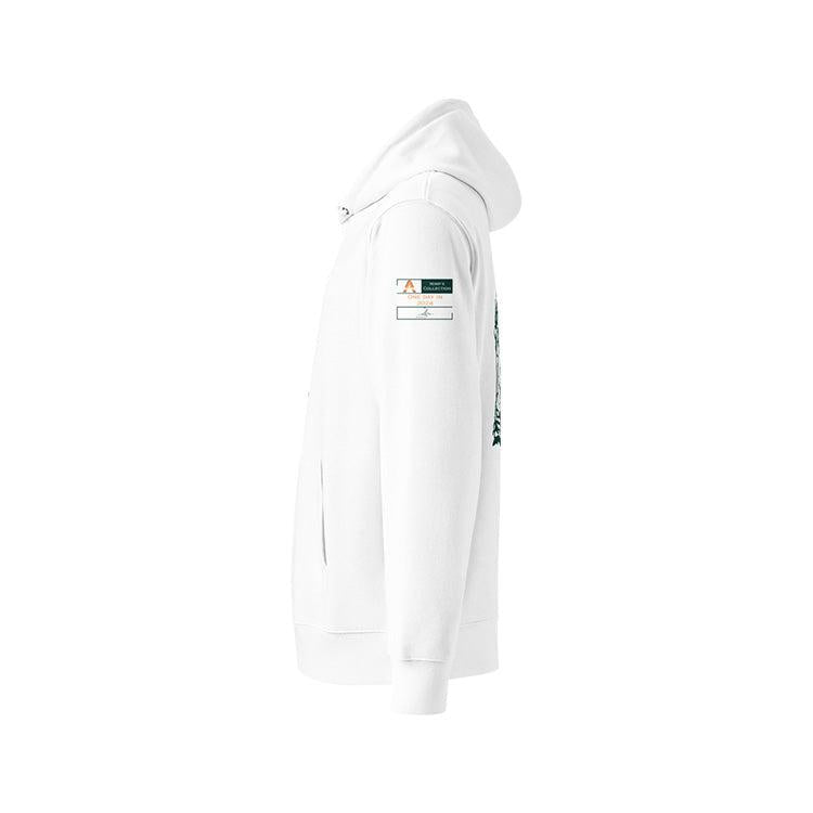 Sweat à capuche en coton bio blanc, vu de profil et portant l'étiquette de la collection "Nimp's" coloré en malachite