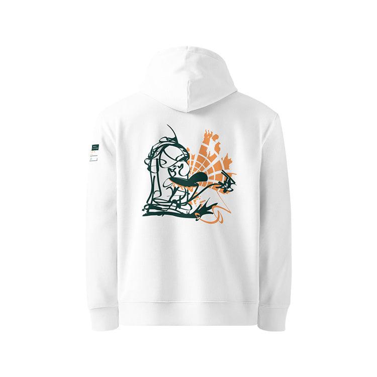 Sweat à capuche en coton bio blanc, vu de dos et portant le design "Nimp's 3" coloré en malachite et saumon