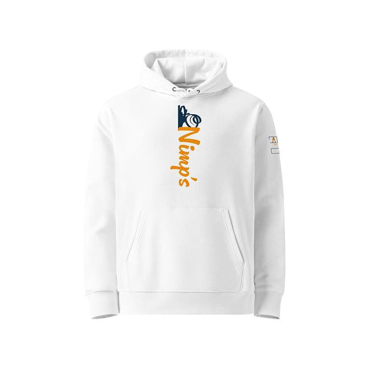 Sweat à capuche en coton bio blanc, vu de face et portant le mot nimp's coloré en marine et orange