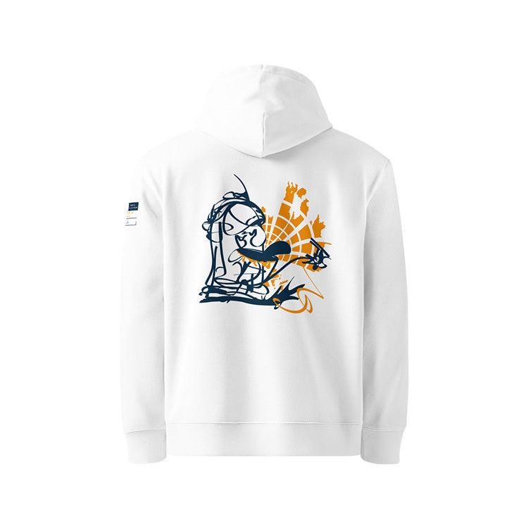 Sweat à capuche en coton bio blanc, vu de dos et portant le design "Nimp's 3" coloré en marine et orange