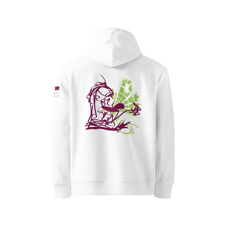 Sweat à capuche en coton bio blanc, vu de dos et portant le design "Nimp's 3" coloré en vert pomme et rose shocking