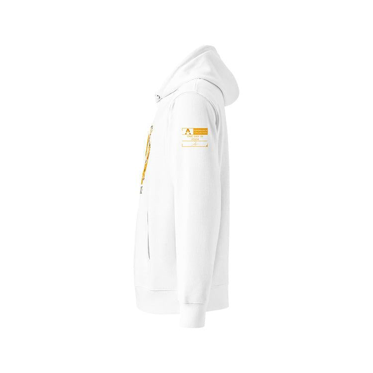 Sweat à capuche unisexe blanc, vu de profil et portant l'étiquette de la collection "Ignorance" aux couleurs conflictuelles