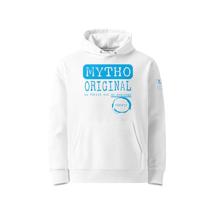 Sweat à capuche unisexe blanc, vu de face et portant le design "Mytho Original" coloré en cyan