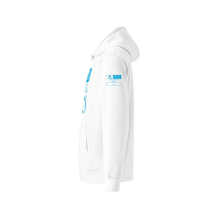 Sweat à capuche unisexe blanc, vu de profil et portant l'étiquette de la collection "Mytho" coloré en cyan