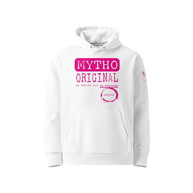 Sweat à capuche unisexe blanc, vu de face et portant le design "Mytho Original" coloré en magenta