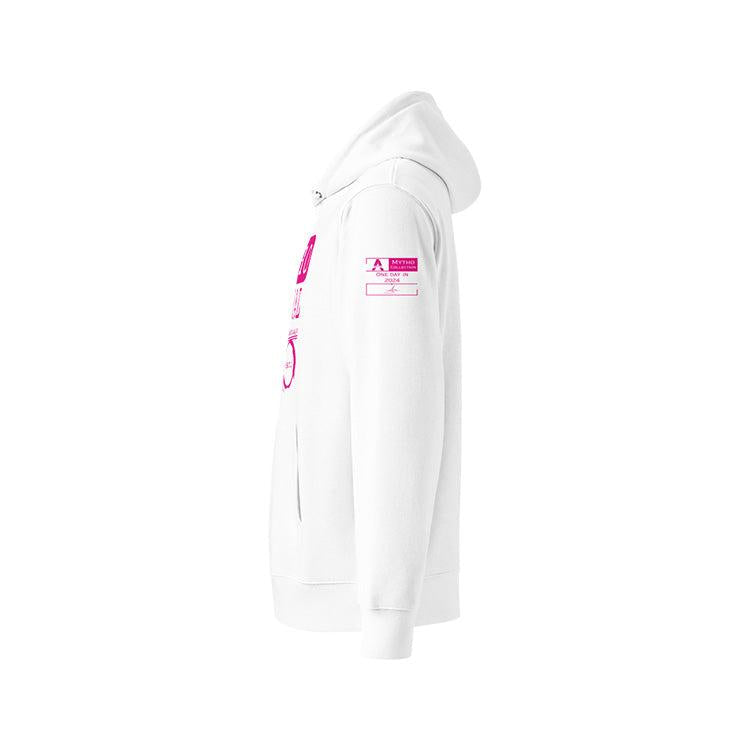 Sweat à capuche unisexe blanc, vu de profil et portant l'étiquette de la collection "Mytho" coloré en magenta