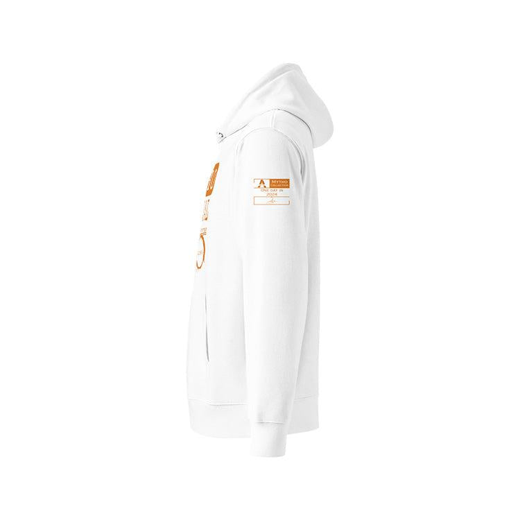 Sweat à capuche unisexe blanc, vu de profil et portant l'étiquette de la collection "Mytho" coloré en mandarine