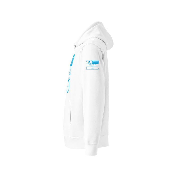  Sweat à capuche unisexe blanc, vu de profil et portant l'étiquette de la collection "Mytho" coloré en cyan