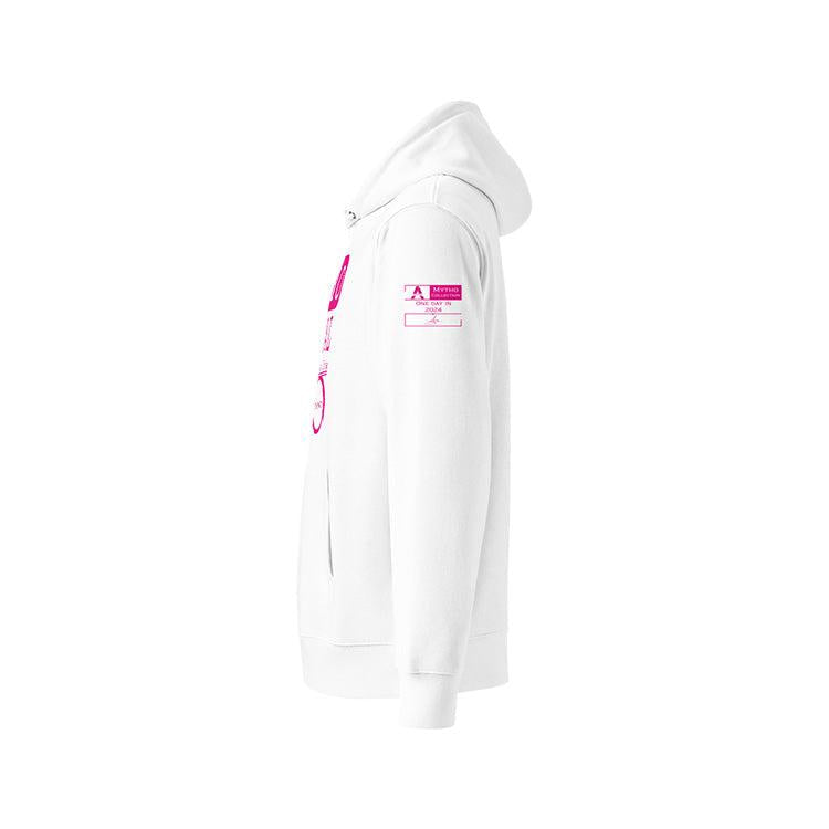 Sweat à capuche unisexe blanc, vu de profil et portant l'étiquette de la collection "Mytho" coloré en magenta