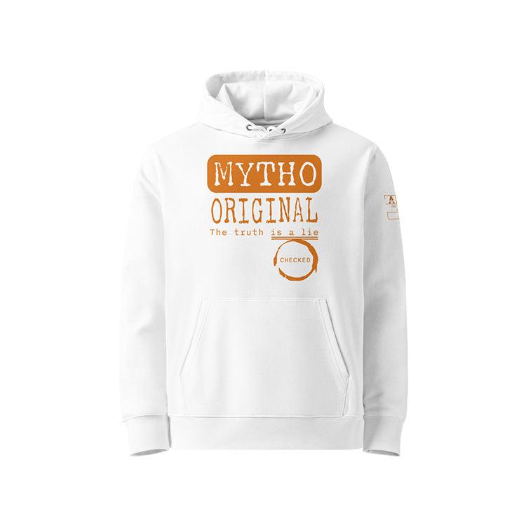 Sweat à capuche unisexe blanc, vu de face et portant le design "Mytho Original" en version anglaise et coloré en mandarine