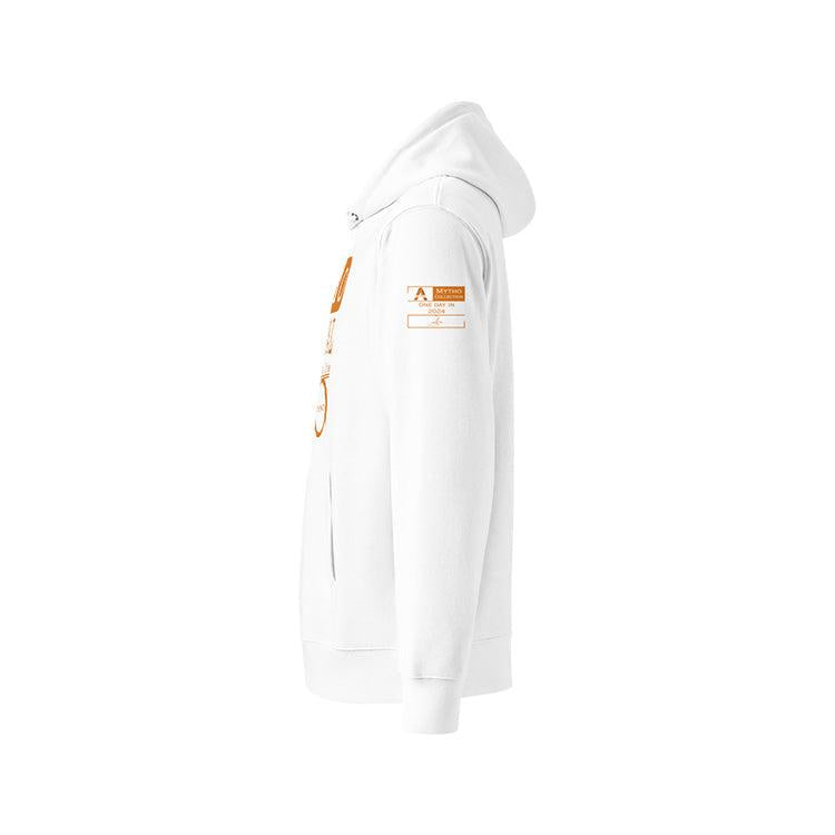 Sweat à capuche unisexe blanc, vu de profil et portant l'étiquette de la collection "Mytho" coloré en mandarine